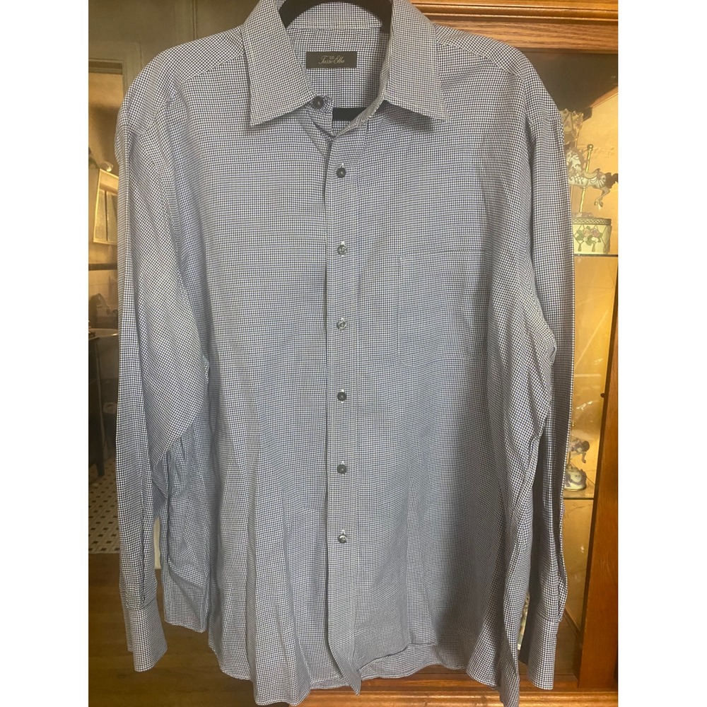 Tasso Elba Mens Blue Houndstooth Dress Shirt 17.5 34/35 Egyptian Cotton L/S